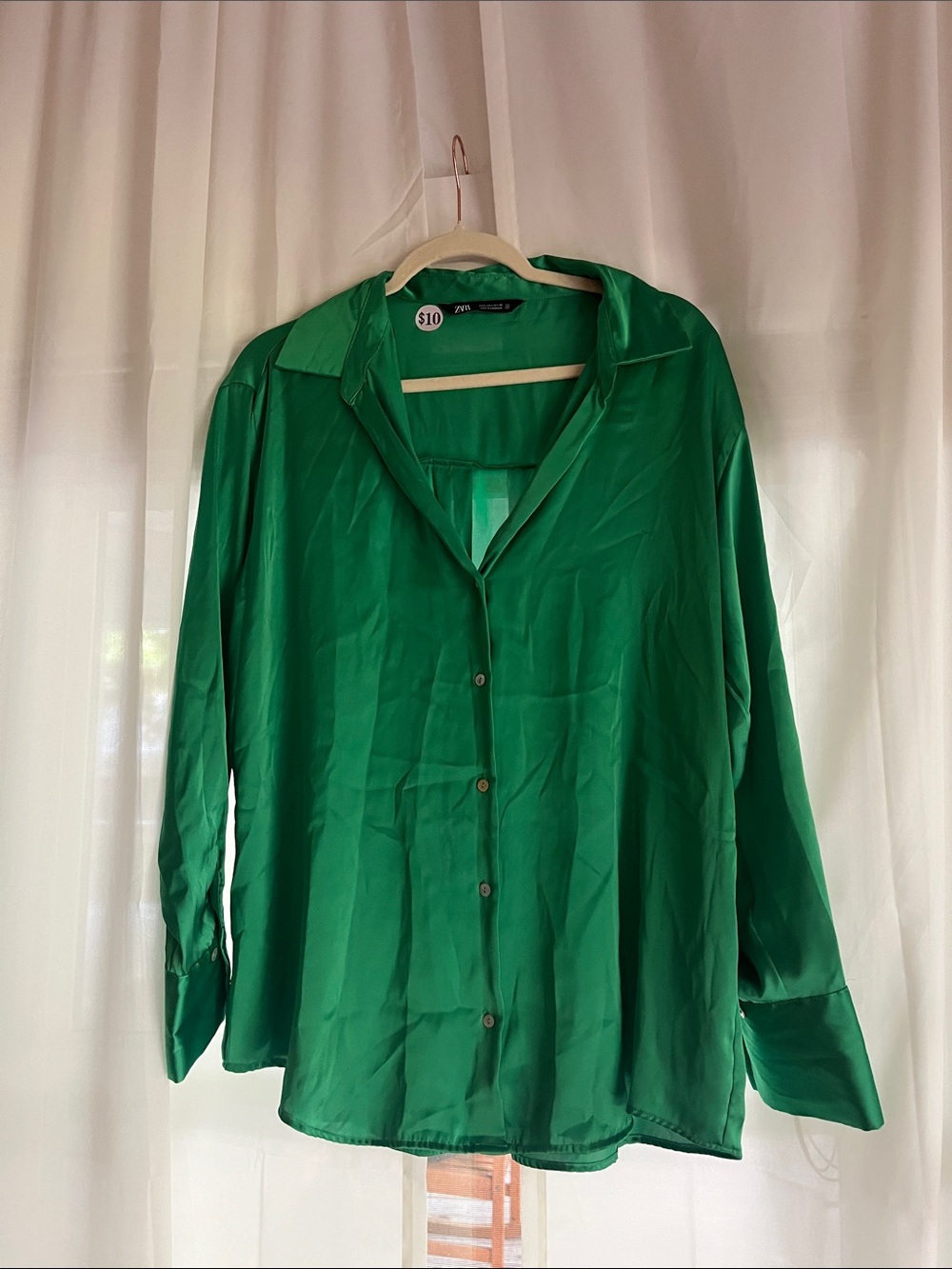 Zara Emerald Green Button-Down Satin Shirt